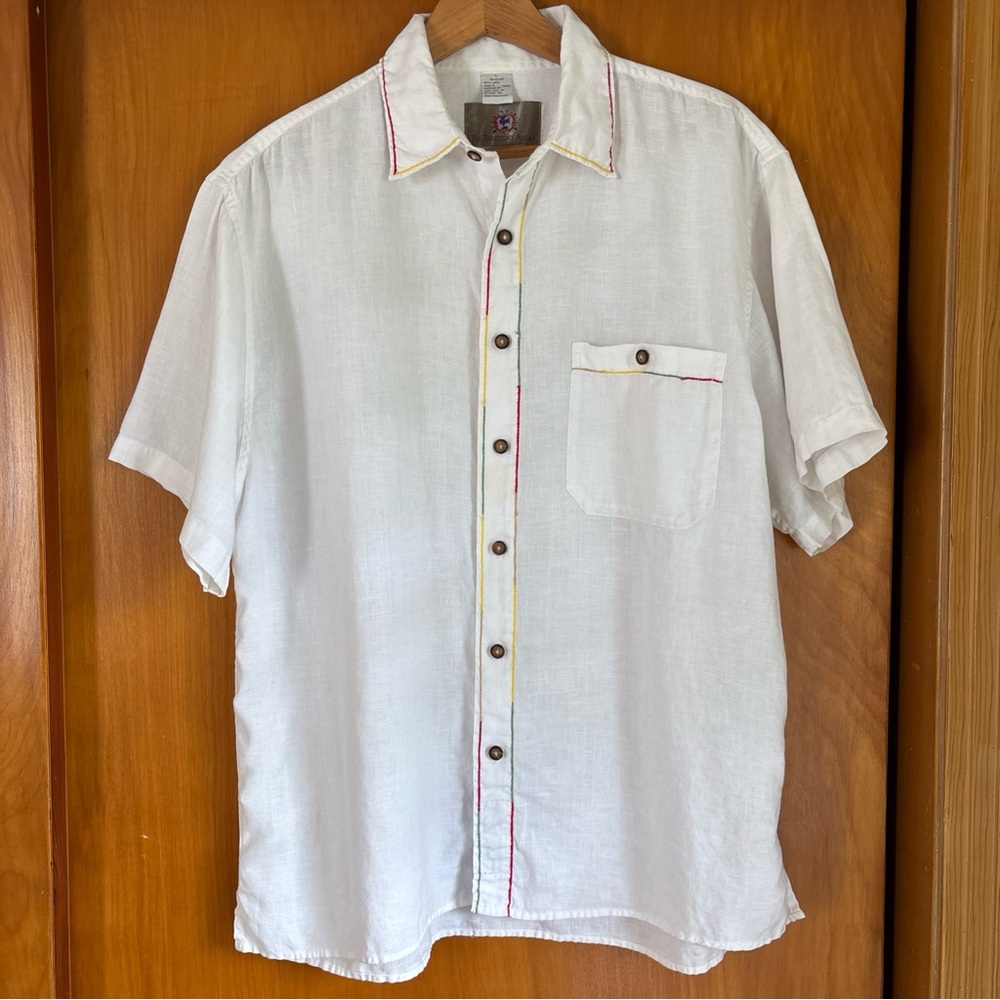 The Territory Ahead Men’s Linen Button Down Shirt Lg Rainbow Embroidery Vacation